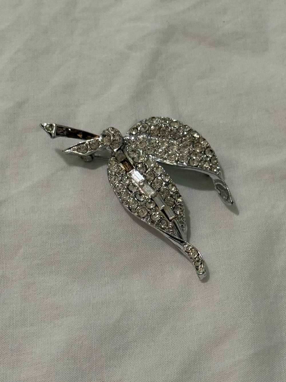 Vintage Double Leaf Rhinestone Brooch